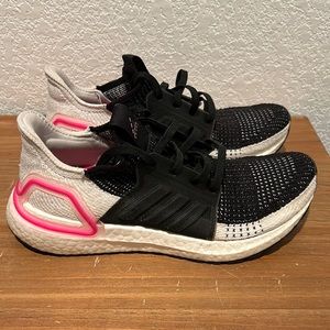 Adidas Ultraboost 19 Running Shoes Womens Size 7 Black White Pink EF1625